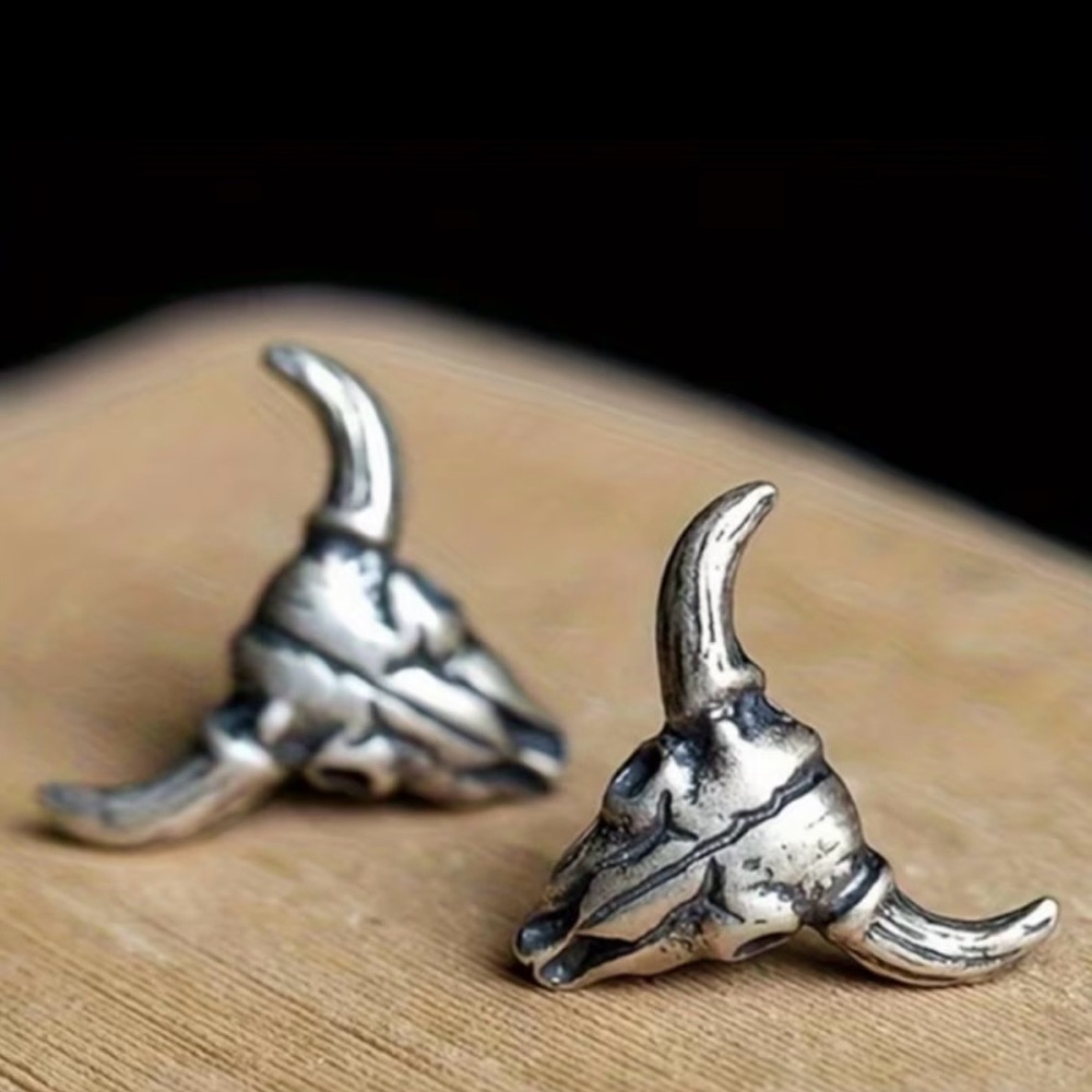 Silver Bull Skull Earrings - Picture 3 of 4